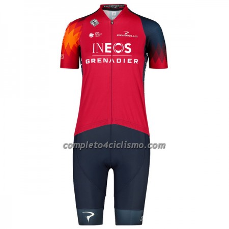 Completo Maglia + Pantaloncino con bretelle 2023 INEOS Grenadiers Manica Corta Rosso Blu Scuro Donna